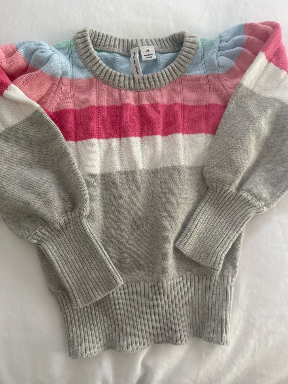 Janie and Jack Striped Puff-Sleeve Sweater - Pink, Light Blue, Gray, White